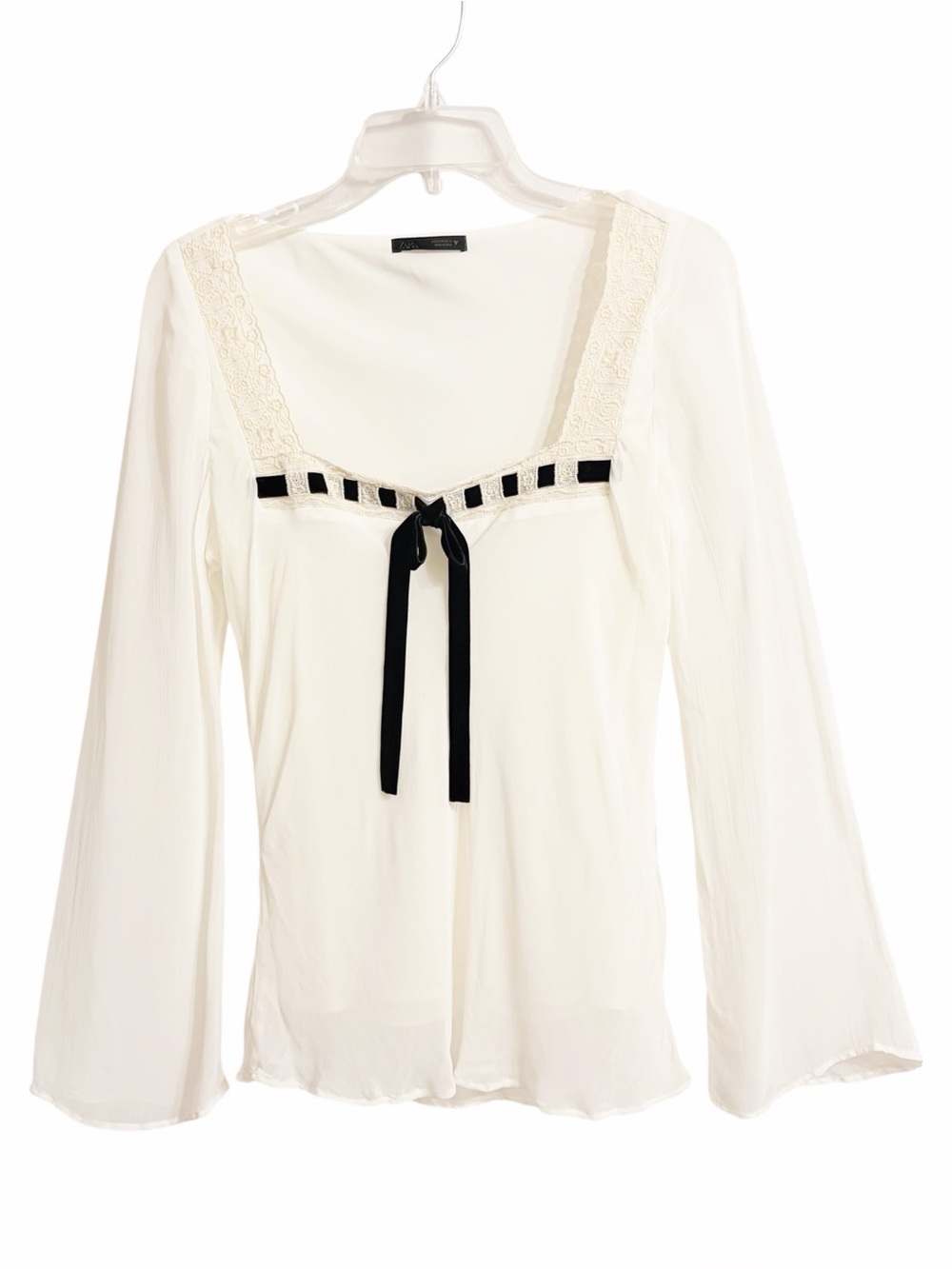 Zara Fairy Grunge Lace Trimmed Chiffon Top S Cream Whimsigoth Flare Sleeve Boho